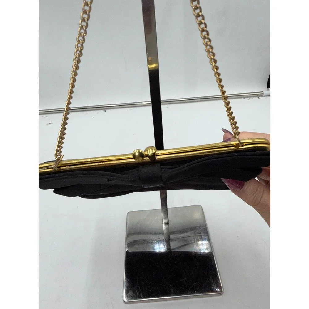 Peck & Peck Vintage Fifth Avenue Black Silk Crepe Bow Evening Bag Gold Chain